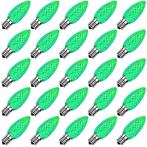 Meconard C9 Led Replacement Christmas Light Bulbs, C9 Shatterproof Led Bulbs for Christmas Indoor Outdoor String Lights, E17 Intermediate Base, Commercial Grade Holiday Bulbs, Green, 25Pack