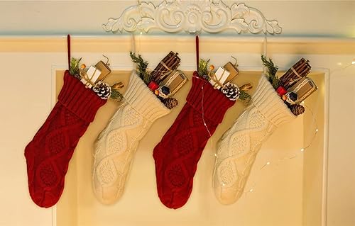 Vista 85 de Fesciory Paquete de 4 medias de Navidad de 18 pulgadas, tamaño grande, calcetines de punto trenzado, regalos y decoraciones para vacaciones Blanco