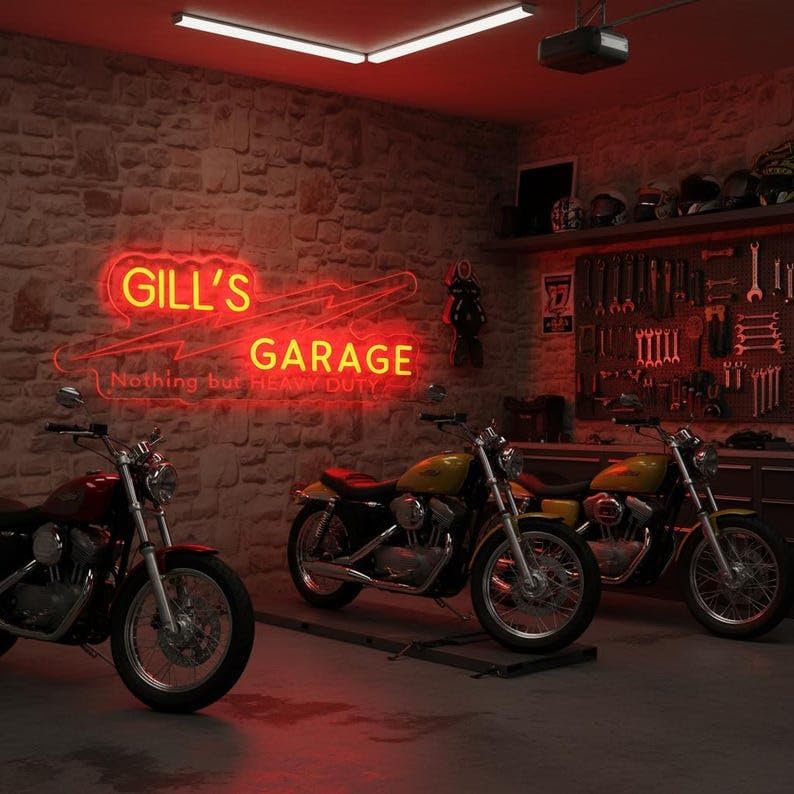 Miniatura 2 de Letrero LED de garaje personalizado, luz de pared con nombre personalizado para sala de herramientas de cueva de hombre, decoración de taller,