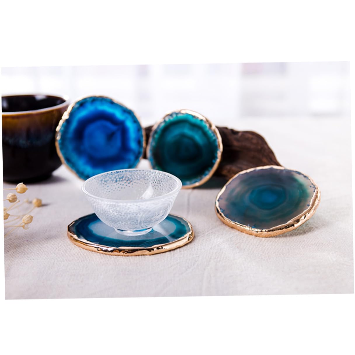 Set di 4 Sottobicchieri Rotondi in Pietra di Agata Blu, Resistenti al Calore e Antiscivolo, Design Geometrico Creativo per Tazze e Caffè in Ogni Occasione