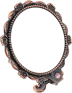 فوميز. مراة يد بمقبض صغير قابلة للطي بتصميم رترو من قطعتين، مراة للمكتب والسفر مزودة بمشبك شعر وردي، مراة مكبرة توضع على سطح الطاولة، مراة محمولة بزجاج احمر