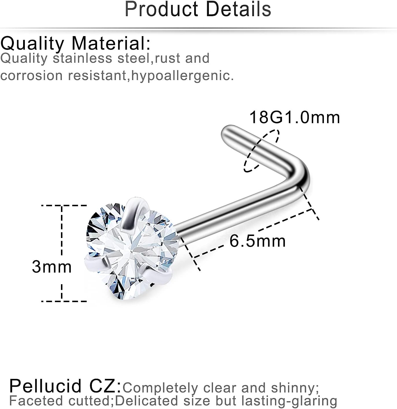 Cisyozi 18G 20G Hypoallergenic Nose Rings Studs Surgical Steel Opal Heart Star Nose Stud Cubic Zirconia Nose Piercing Jewelry for Women Men Straight L Shaped Screw Style - Image 5