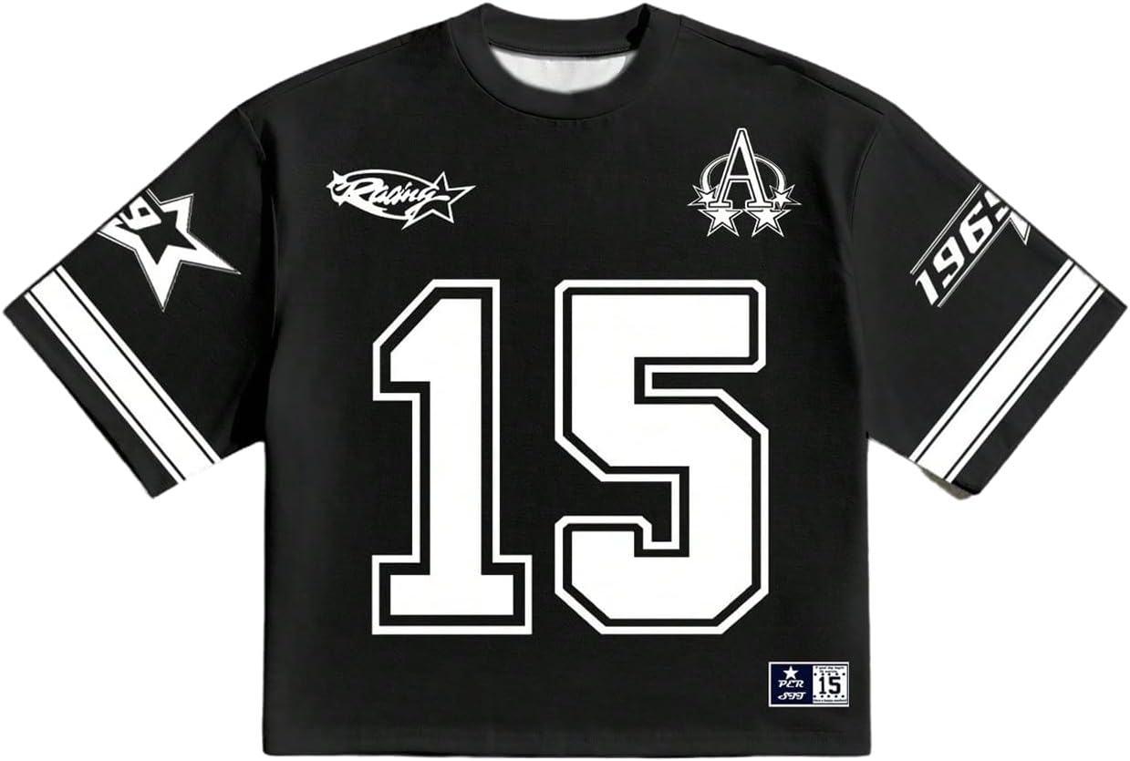 Men's Number Graphic Short Sleeve Jersey Shirts Y2K Star Crew Neck Loose Fit Casual T Shirt Streetwear