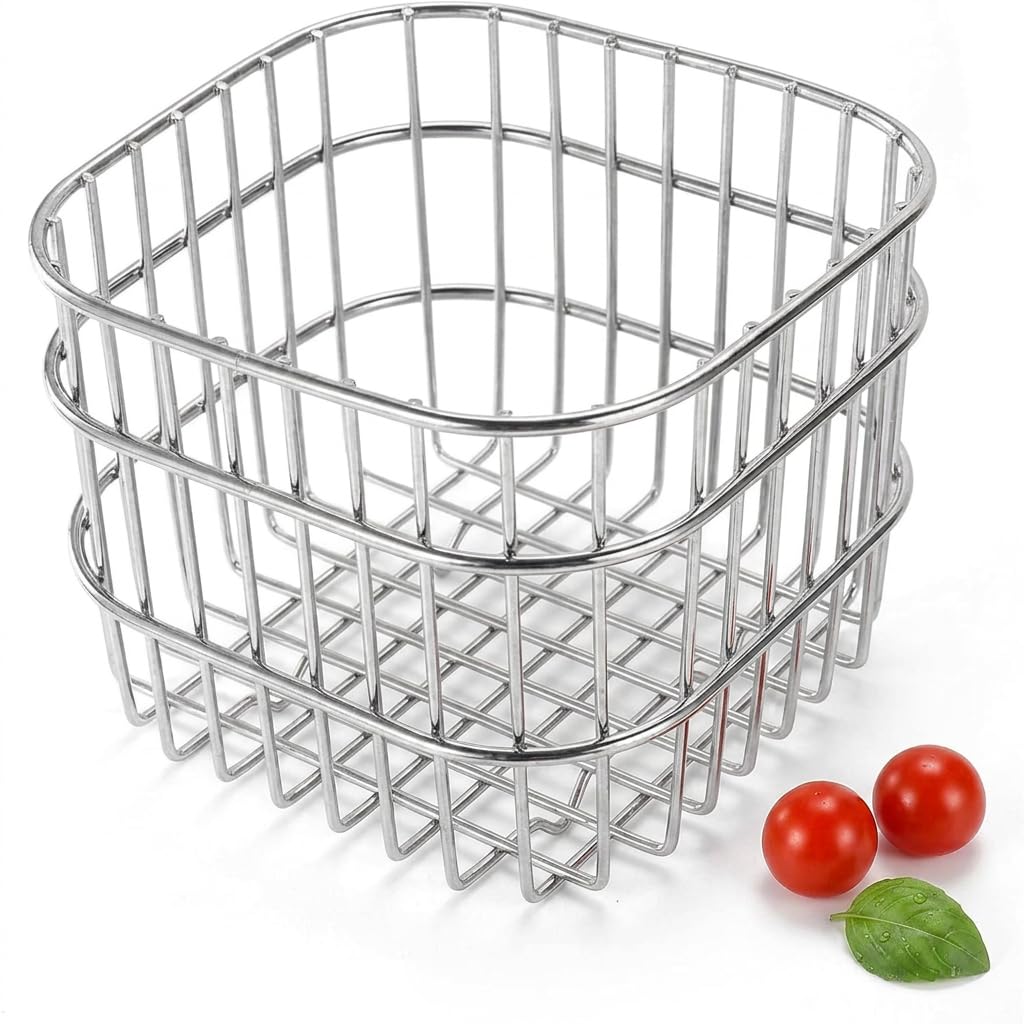 JISADER Wire Storage Basket, Compact 11x11x9.8cm Stainless Steel Mesh Organiser Bin, Multi-Purpose Rust-Proof Metal Container for Kitchen Cabinets, Bathroom Cosmetics and Fruit