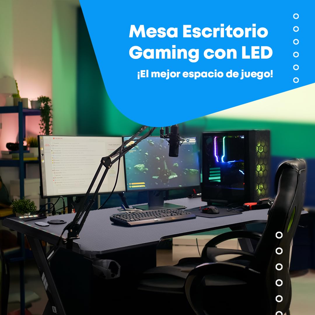 NK Mesa Escritorio Gaming con LED (120x60cm) - Portavasos y Botellas, Soporte Auriculares/Cascos, Gestión de Cables, Gaming Desk, Tabla 1.5cm (Resistencia) Peso Máximo 100kg (Blanco)