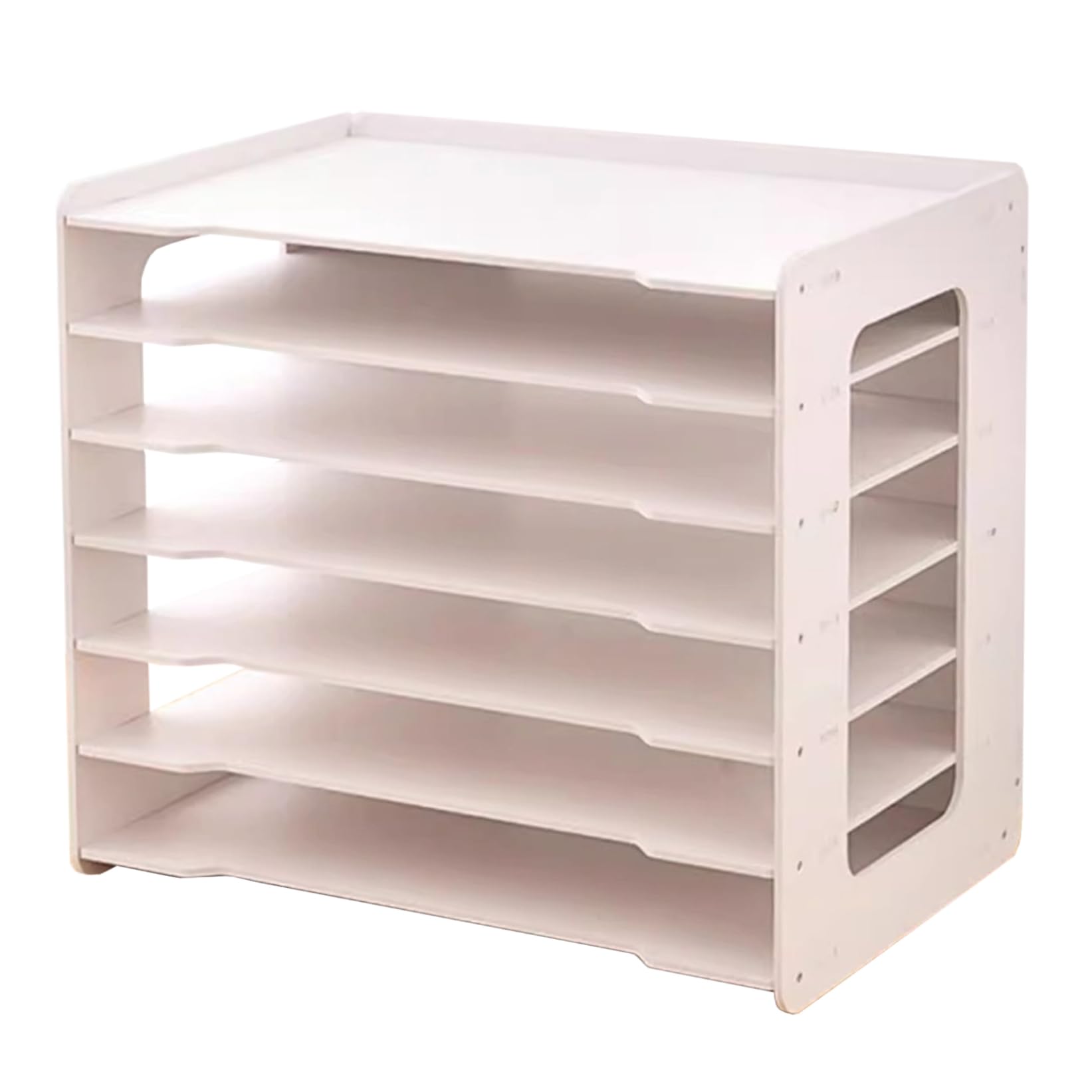Organizador de papel de escritorio con 7 estantes de madera blanca y PVC de 17.5 pulgadas