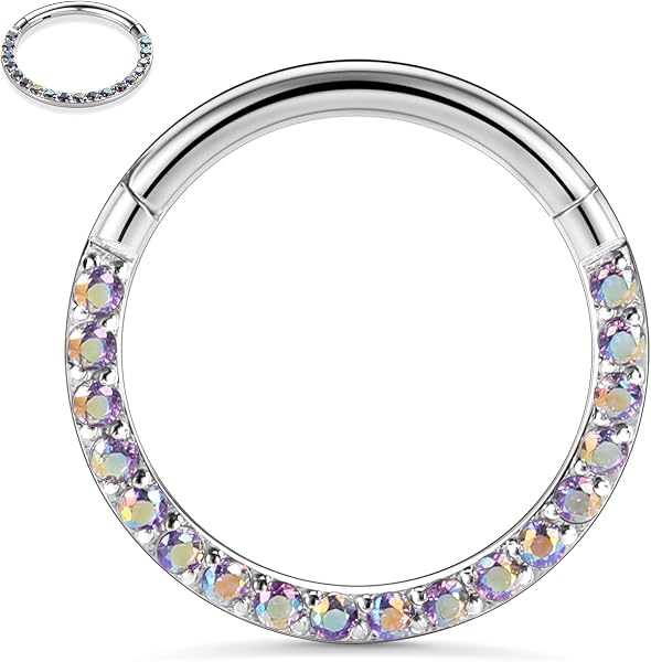 hengkaixuan CZ Opal Septum Jewellery Daith Ring Conch Hoop Seamless Clicker Ring Surgical Steel Rook Tragus Conch Piercing Jewellery Small Hoop Earring Nose Hoop Ring - 1