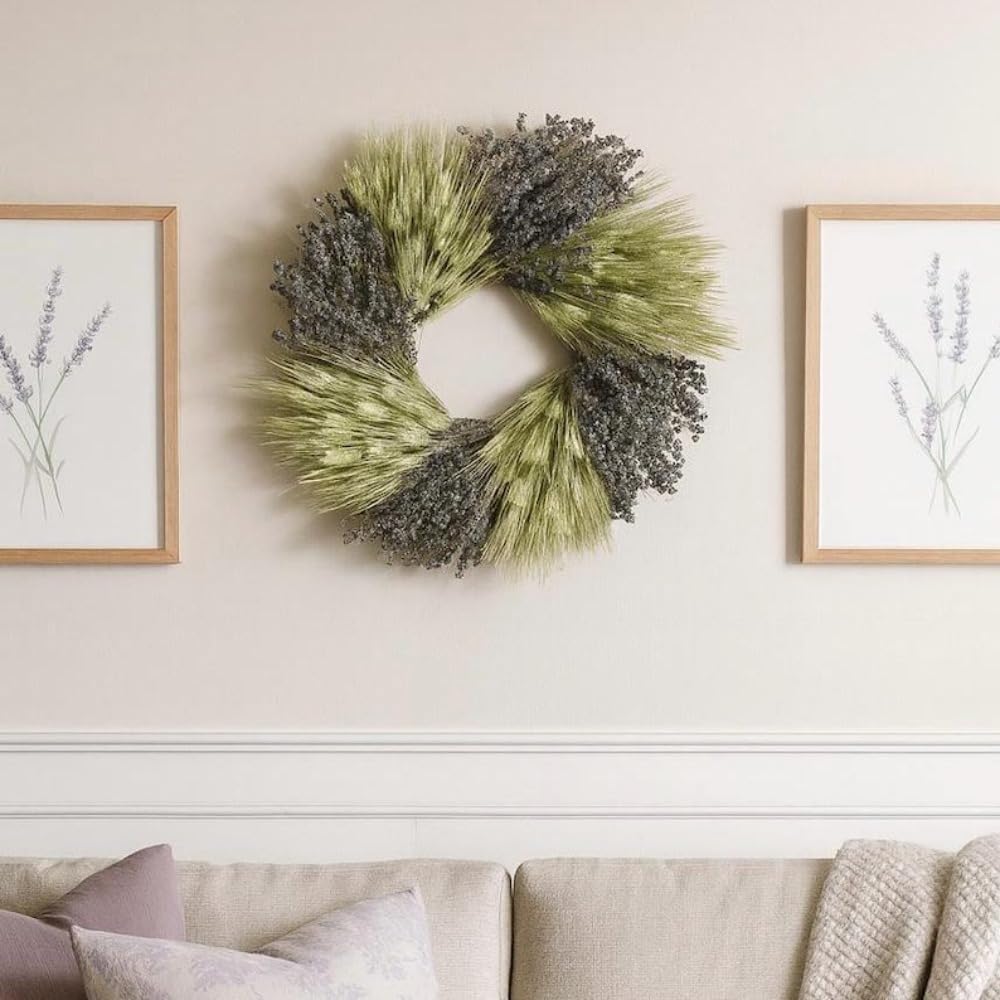Lavender Wheat Wreath, 20" Handmade Dried Flower Circle for Wall Decor, Endless Faith Love Hospitality Symbol, Year-Round Indoor Home Decor
