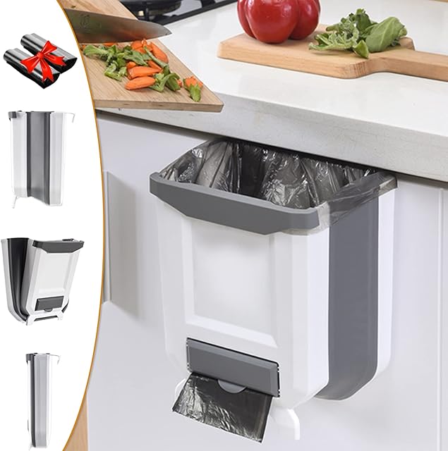 Ruucy Hanging Trash Can, Foldable Kitchen Bins Hanging Food Waste Bin with Trash Bag Storage, 9L Cupboard Bins for Kitchen Cupboard Door, Bathroom, Car, Camping(White Gray)