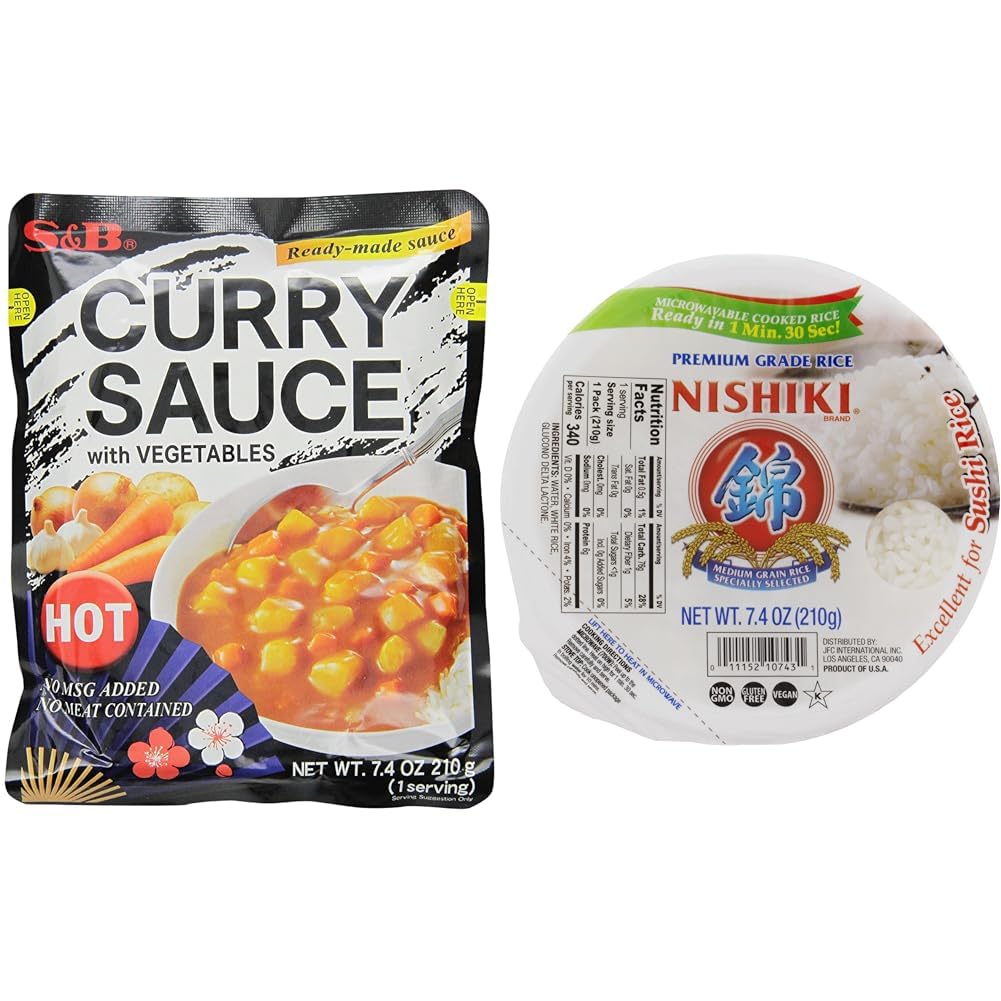 S&B Hot Curry Sauce with Vegetables 7.4 oz (Pack of 10) & Nishiki Steamed White Rice 7.4 oz (Pack of 6) Bundle