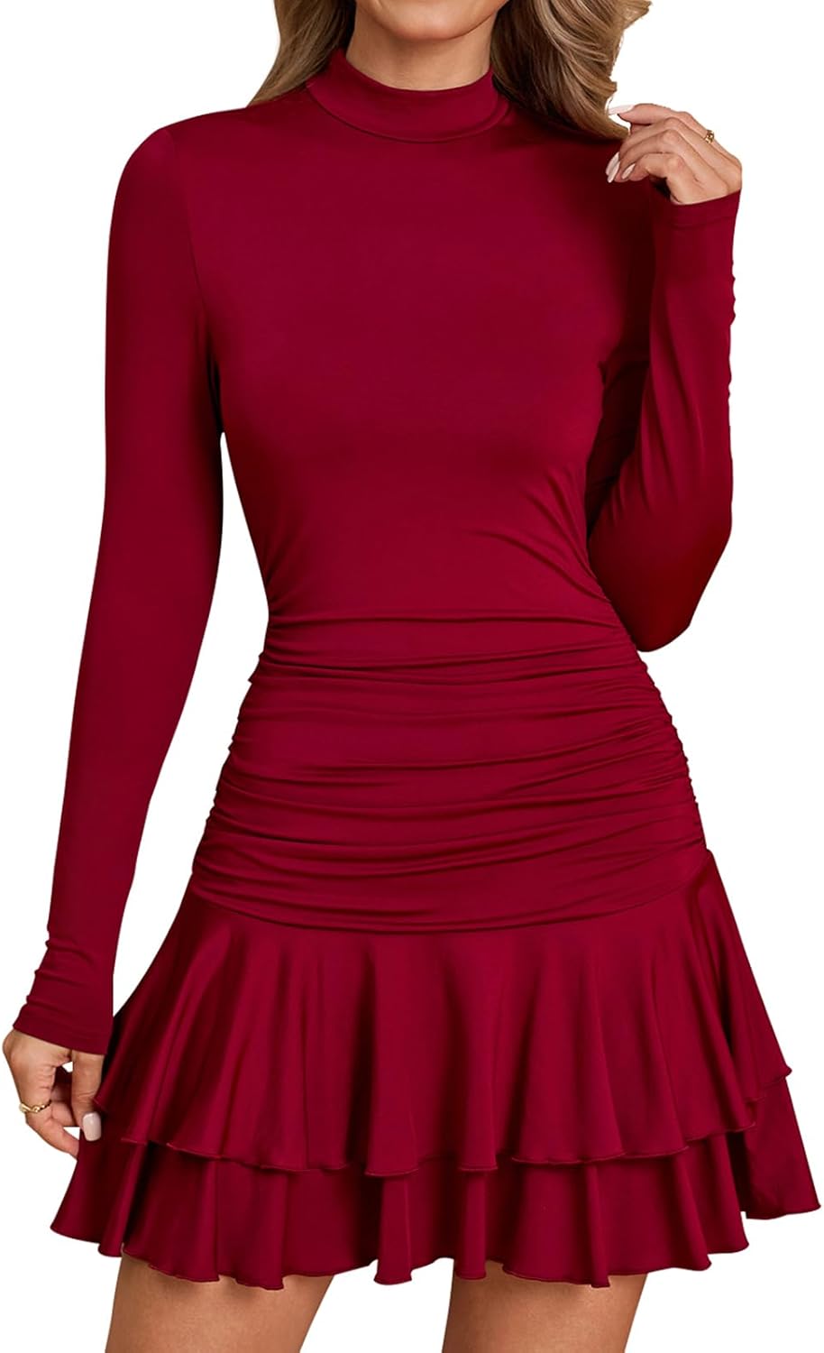 GLNEGE Fall Long Sleeve Mini Party Dress Flowy Mock Neck Ruffle Layered Going Out Dresses for Women