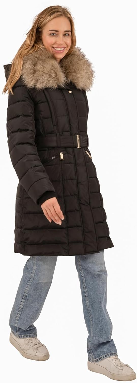 Nine West womens Belted Puffer With Faux Fur Trim Hood