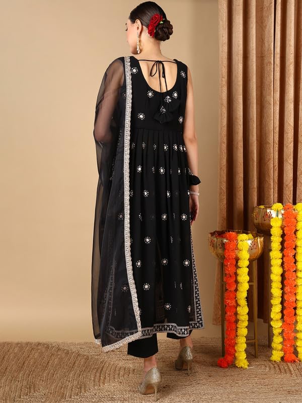 Image of Vaamsi Women's Poly Georgette Solid Embroidered Straight Kurta Pant With Dupatta With Inner