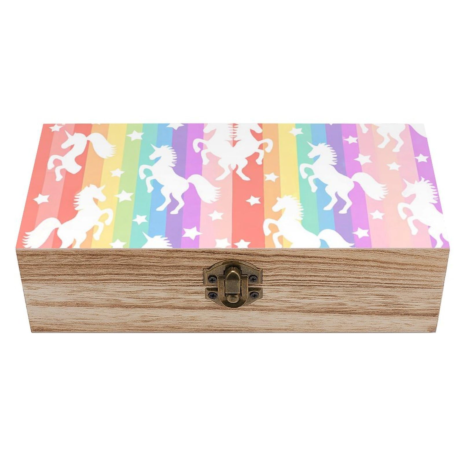 SMAZDFXX Unicorns On Colorful Stripes Wooden Storage Box With Hinged Lid Decorative Front Clasp Keepsake Boxes