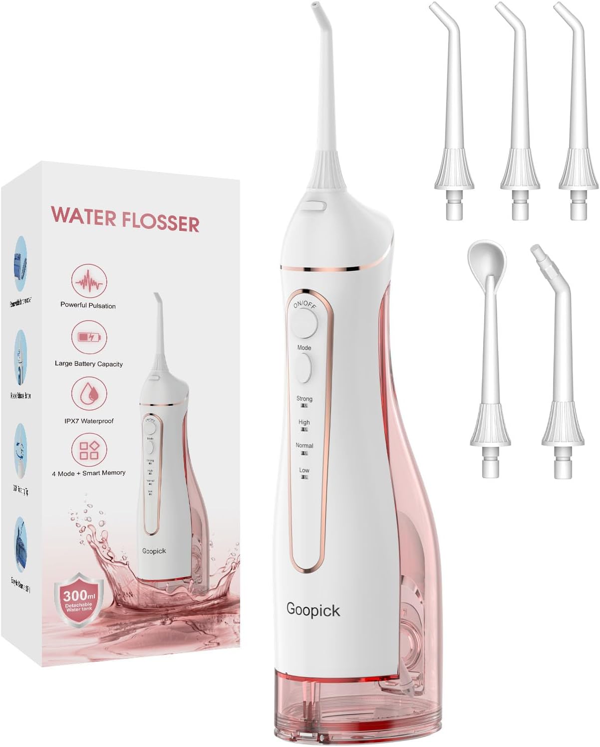 Cordless Portable Water Flosser with 300ML Tank: Rechargeable Oral Irrigator with 5 Tips for Travel, Braces Care and Sensitive Gums, IPX7 Waterproof Teeth Cleaning Device(Pink)