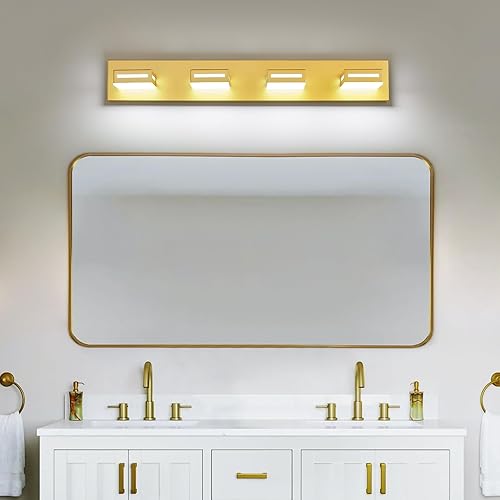 Miniatura 6 de Lámparas LED modernas para tocador (4 lámparas, 30 pulgadas), accesorios de iluminación para pared de baño acrílico dorado sobre espejo (blanco