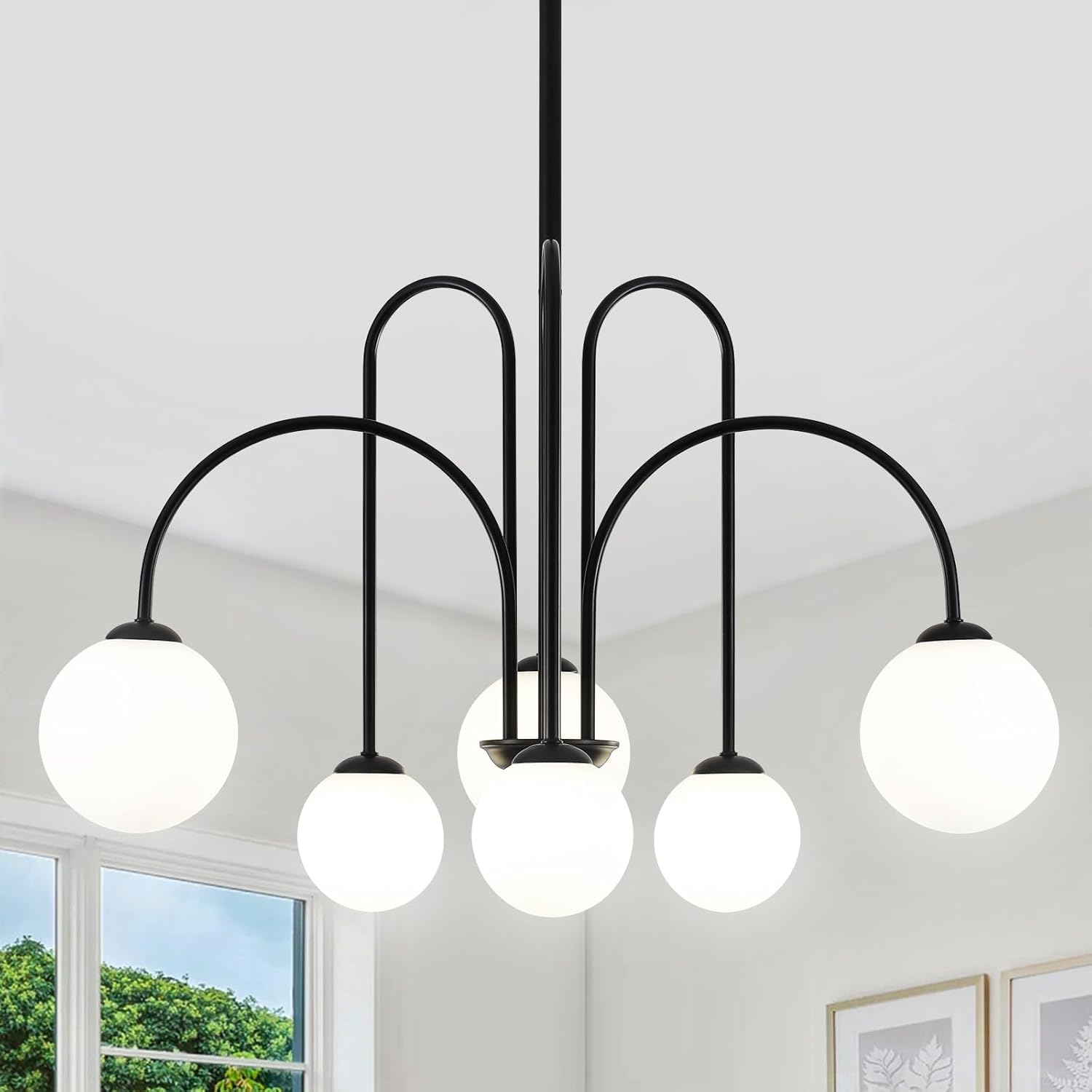 Black Modern Chandelier 6 Lights Sputnik Chandeliers for Dining Room Mid Century Pendant Light Fixtures Ceiling Hanging Lighting with Milk Glass Globe Shades for Foyer Living Room Kitchen Island