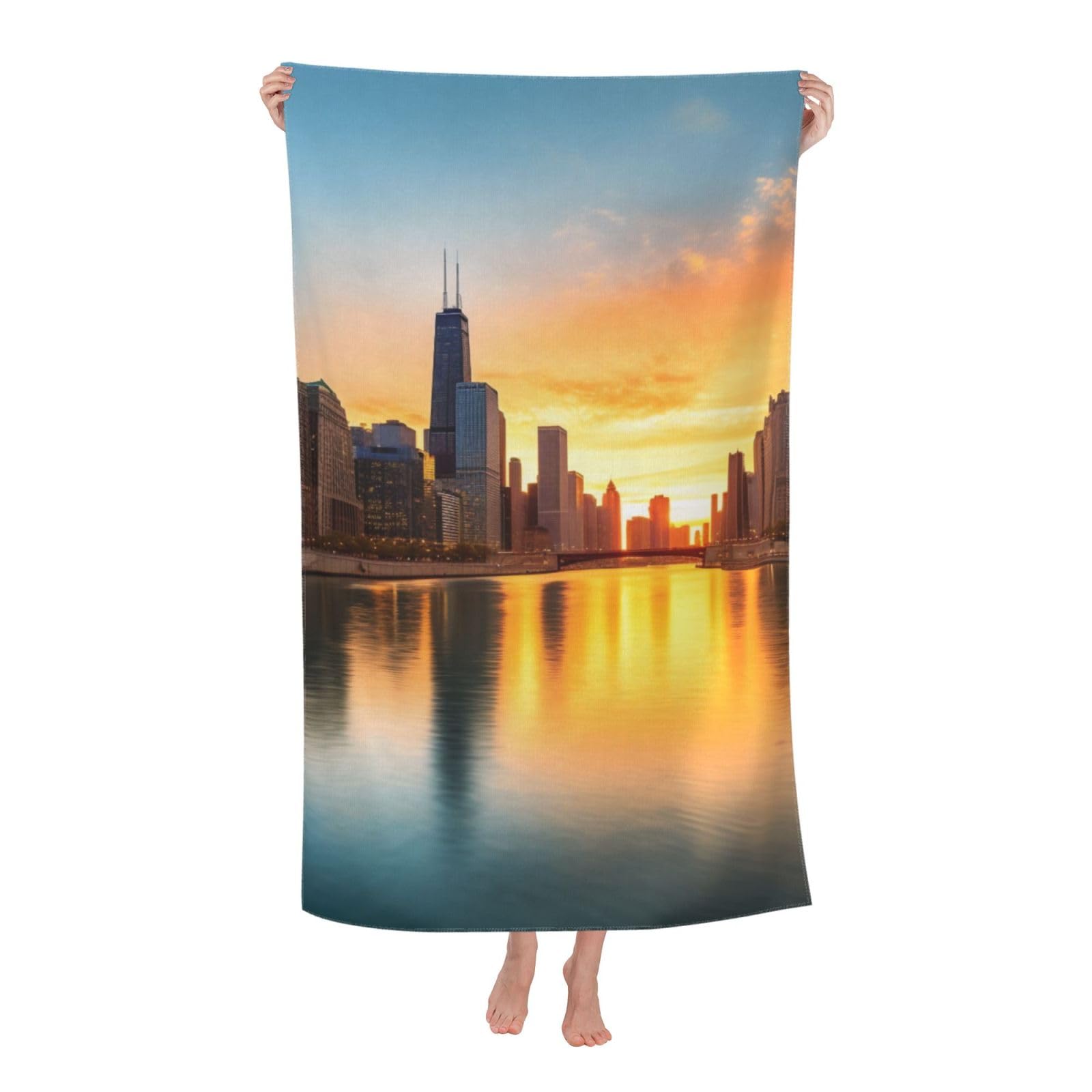 BWWHCCTI Chicago Downtown Sunset Printed Quick Dry Bath Towel, Soft Microfiber Towels Fast Drying Beach Towels for Travel,Camping,Gym,Swimming,Yoga