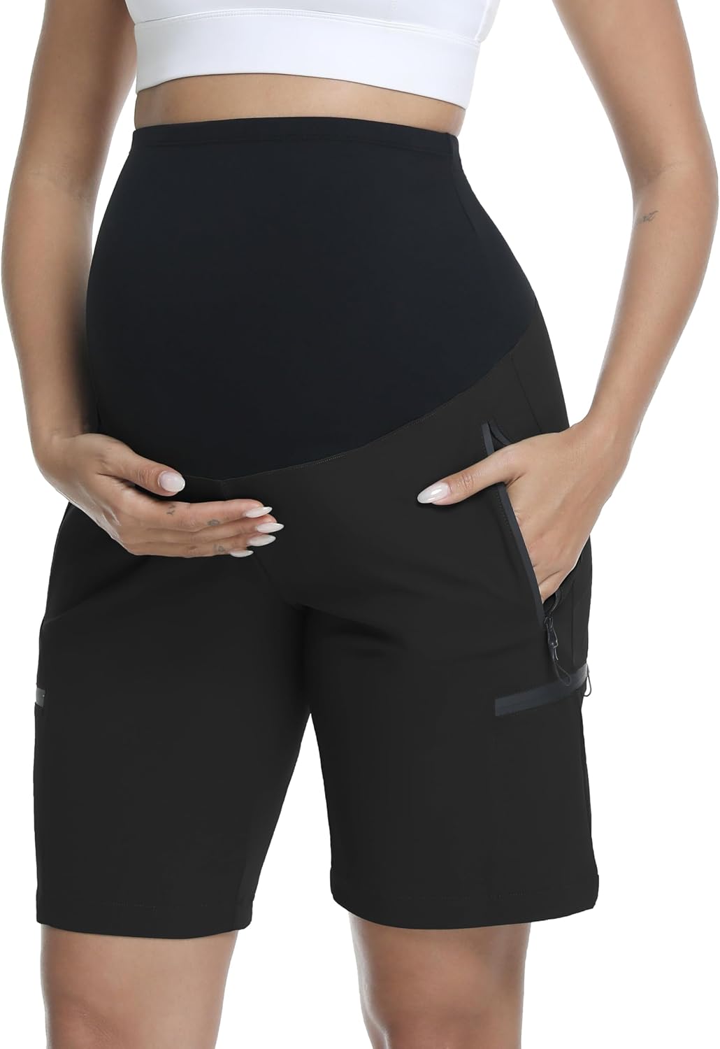 Women's Maternity Shorts Quick Dry Cargo Hiking Shorts Pregnancy Bermuda Athletic Shorts with Zipper Pockets