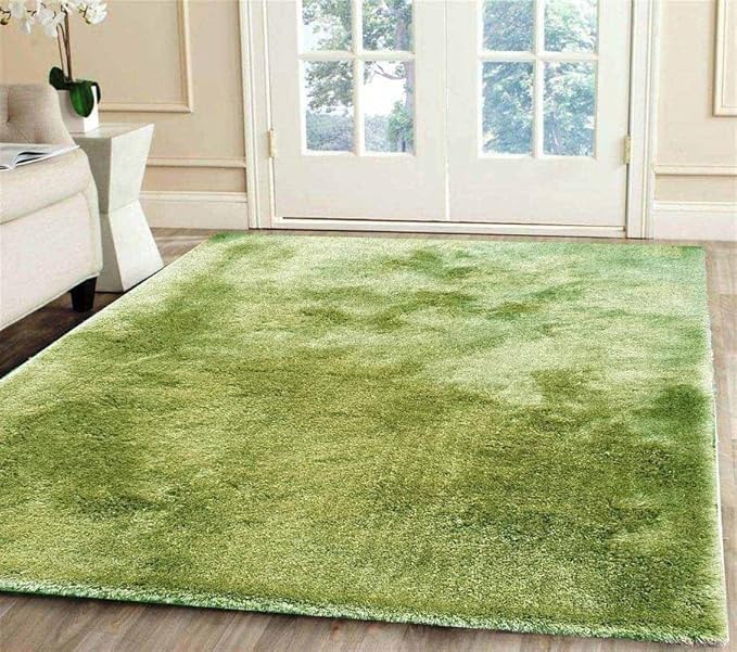 Image of Micro Polyester Yarn Super Soft Fluffy Area Rectangular Rug for Living Room Handmade 2 Inches (Thickness,Pile) Self Design Color Green Size(3x5 Feet 90x150 Cm)
