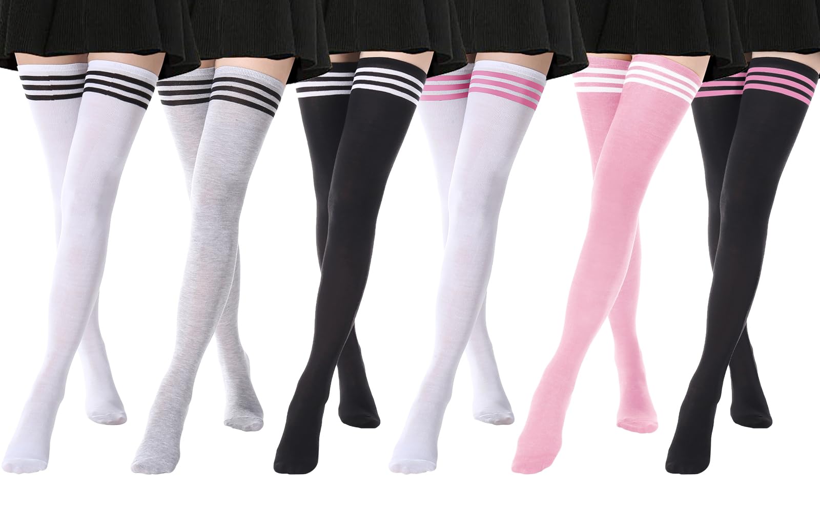DRESHOW High Thigh Socks, Slouch Knee High Socks, Striped Over Knee Thin Tights Long Stocking for Women Leg Warmer: Extra Long 6 Pairs Extra Long: White-black, Grey-black, Black-white, White-pink, Pink-white, Black-pink