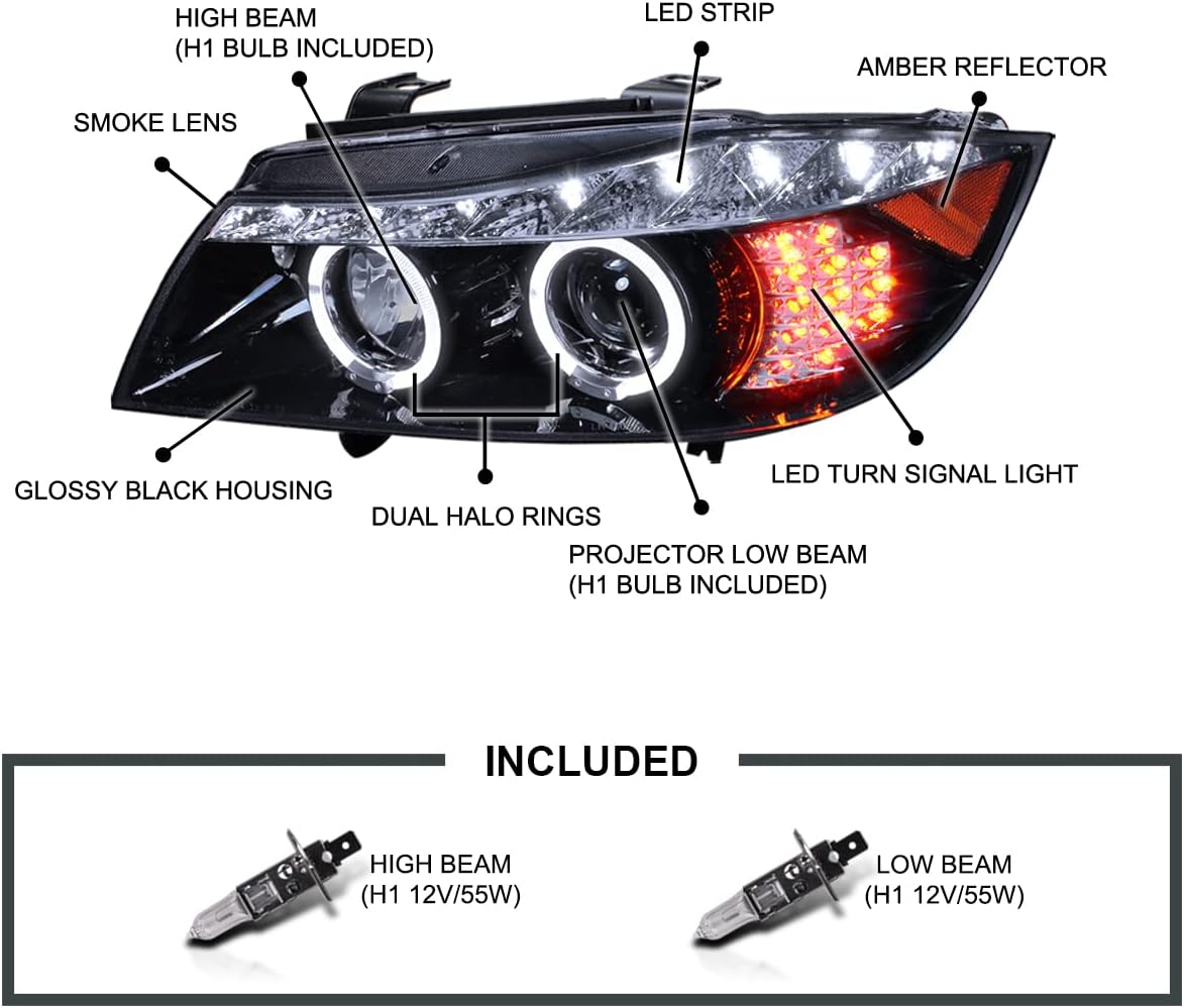 SPEC-D TUNING Halo LED Glossy Black Housing Smoke Lens Projector Headlights Compatible with 2006-2008 BMW E90 3-Series 4Dr With Stock Halogen Headlight, Left + Right Pair Headlamps Assembly