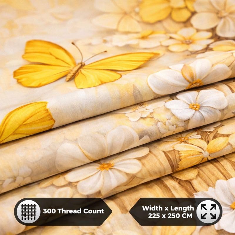 Image of Akshya King Size 7D Bedsheet 90x100 inches, Glace Cotton 300 TC Flat Bedspread for Double Bed with Large Pillow Covers Yellow Butterfly Cartoon Print