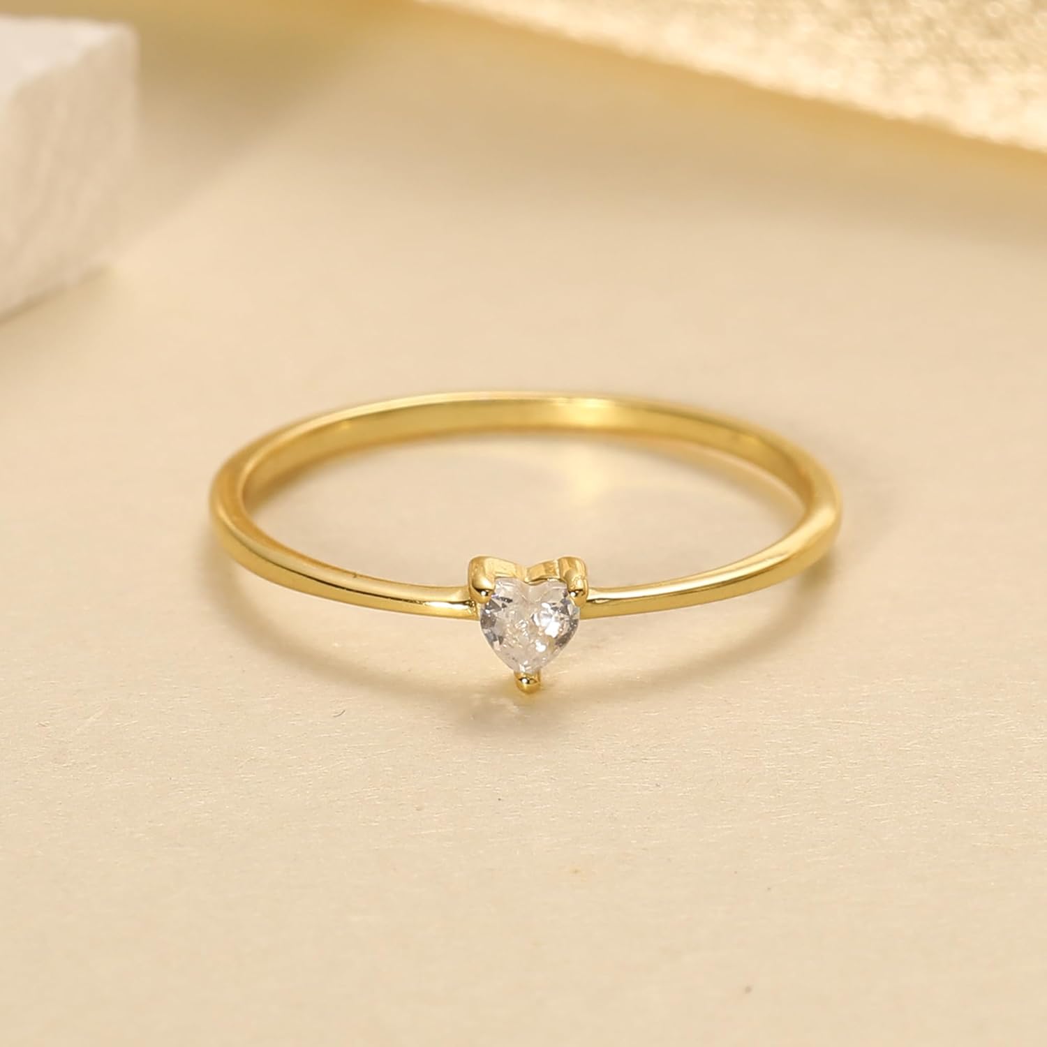 925 Sterling Silver Heart White Birthstone Ring for Women 14K Gold Plated Delicate Engagement Promise Rings to Daughter Mother Sister Minimalist Stackable Ring Wedding Valentine's Day Jewelry Gift for Her Size 5-7 - Image 5