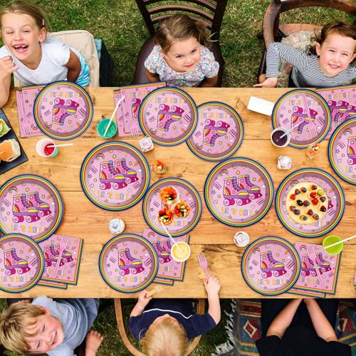 Image of Qyeahkj 100 Pcs Roller Skating Party Plates and Napkins Set Pink Roller Skate Birthday Decorations Supplies Tableware Roll Skating Themed Party Favors for Girls Birthday Decorations Serves 25
