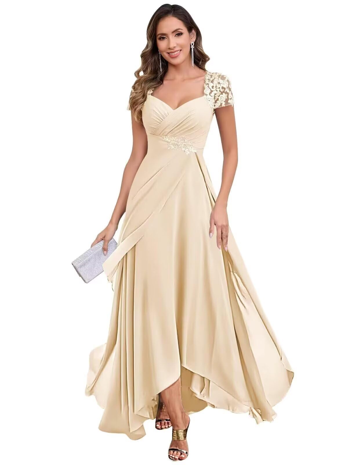 Tea Length Mother of The Bride Dresses for Wedding Lace Applique Formal Wedding Guest Dress with Sleeve