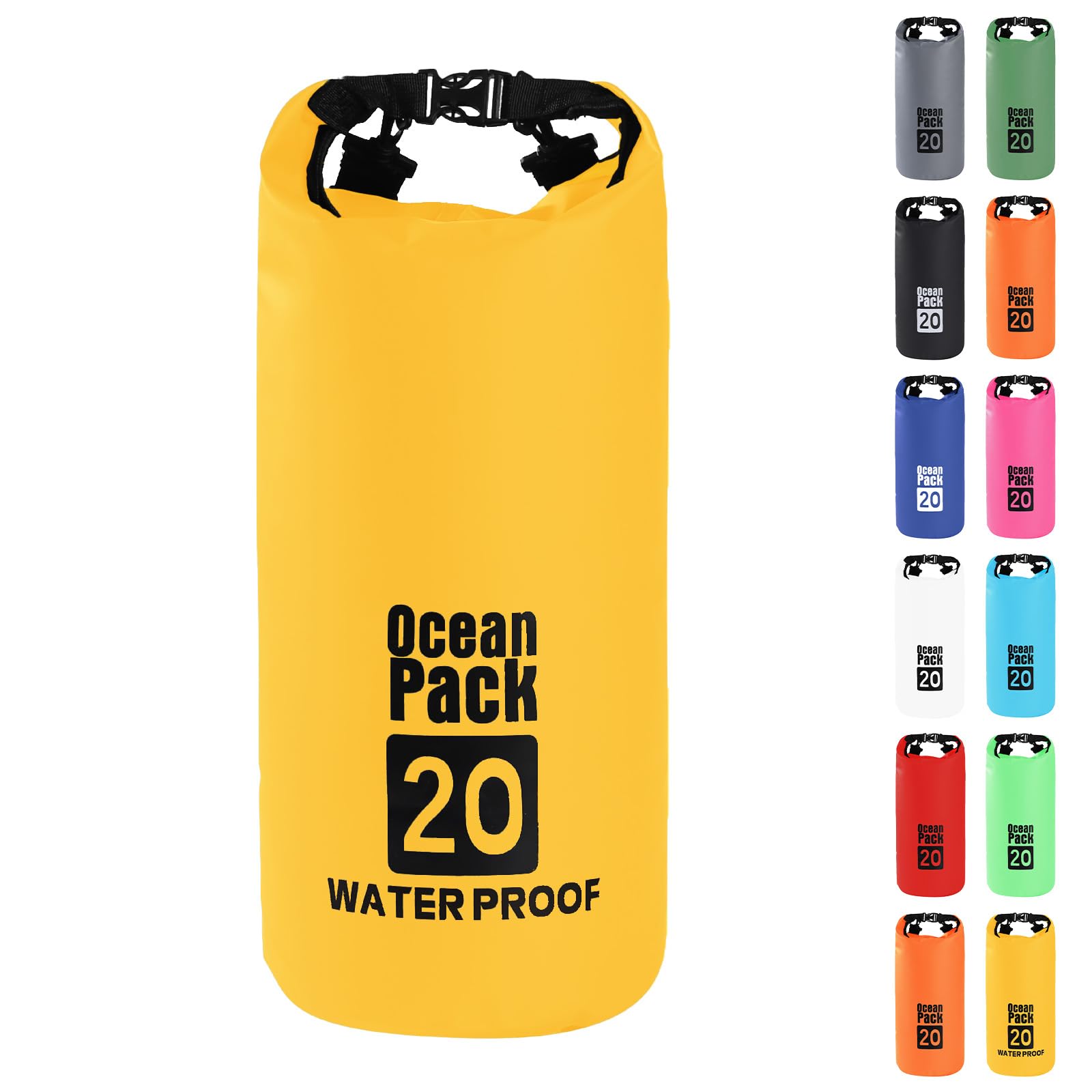 MOMAHUA 20L Waterproof Dry Bag Backpack with Double Shoulder Straps - Yellow Durable PVC Roll Top Dry Sack - Heavy Duty Reusable Rucksack for Kayaking, Boating, Beach & Travel