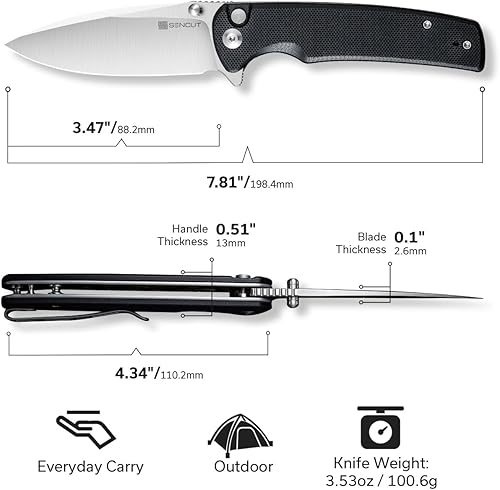 Miniatura 7 de SENCUT Sachse - Cuchillo plegable para EDC, mango negro G10 de satén 9Cr18MoV, cuchillo pequeño plegable con clip, cuchillo de transporte diario