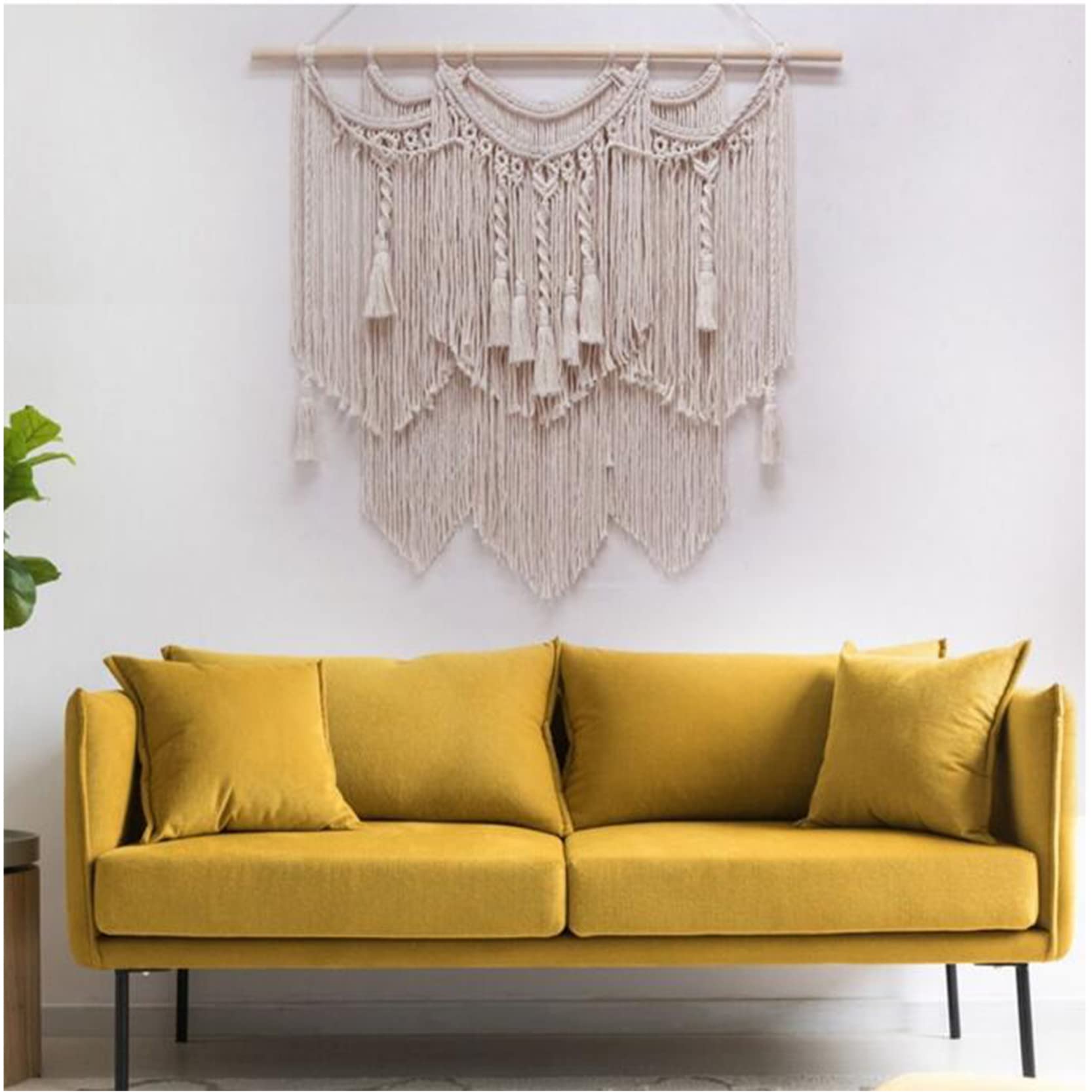 Makrama ścienna wisząca duża beżowa tkanina gobelin sztuka naturalna lina bawełniana tekstylny frędzel makrama gobelin Boho dekoracje ścienne rzemiosło,100 x 100 cm