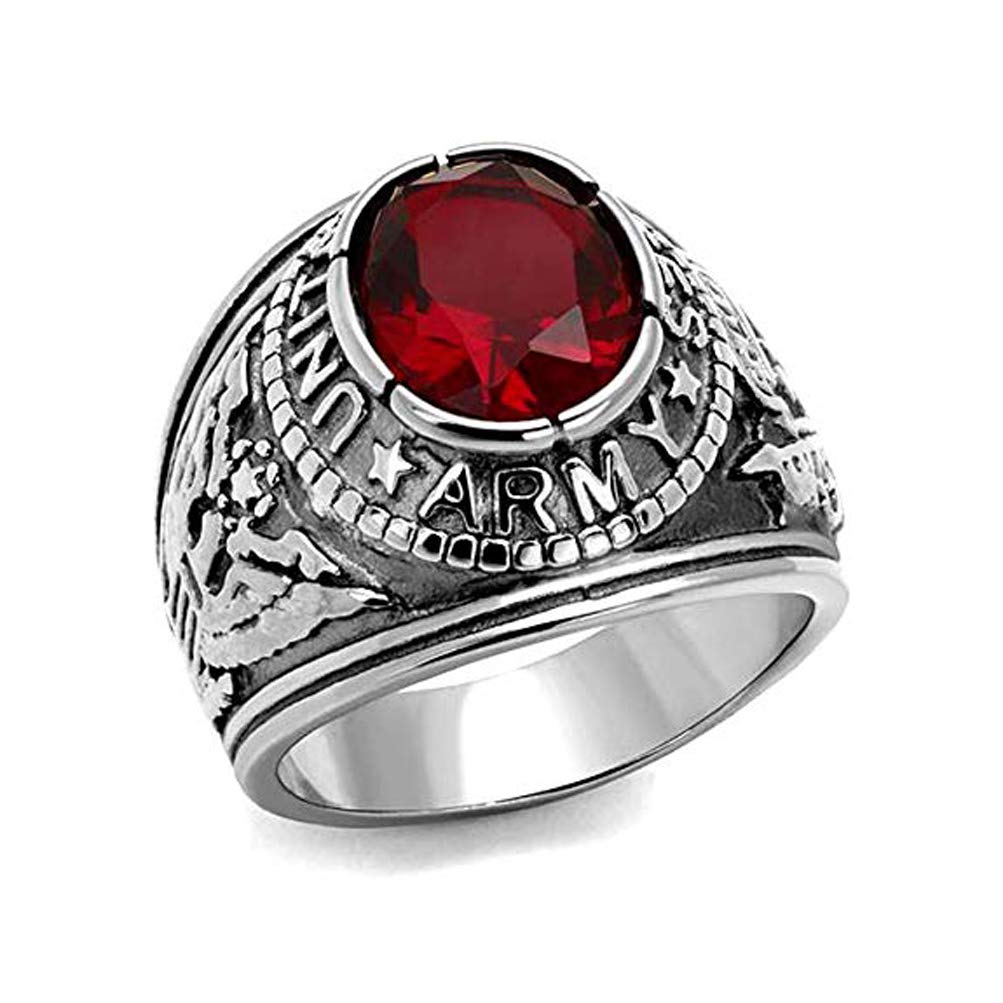 Military United States Army Ring (Stainless Steel w/Red Stone) U.S. Army Surplus Apparel. Uniform Veteran Ring - decal emblem design