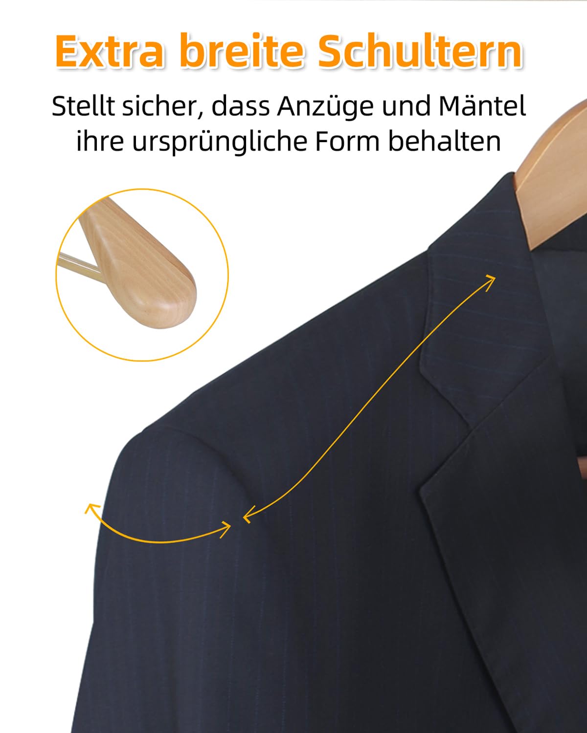 Juego de 6 perchas de madera de haya maciza con hombros anchos, perchas de madera con barra para pantalones para trajes, abrigos, chaquetas, camisas y pantalones