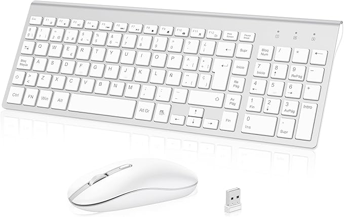 cimetech Combo Teclado y Ratón Inalambrico, 2.4G Teclado Raton Inalambrico Español 2 en 1 USB Ultra Delgado Silencioso Mouse, para PC/Laptops/Ordenador/Escritorio (Blanco y Plata)