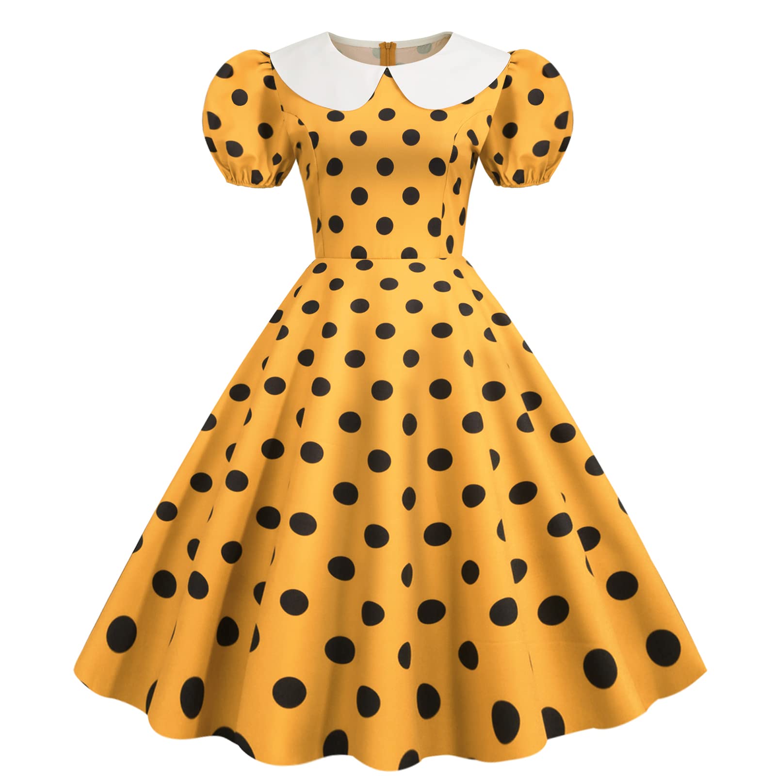 Womens 1950s Vintage Polka Dots Dress Short Puff Sleeve Retro