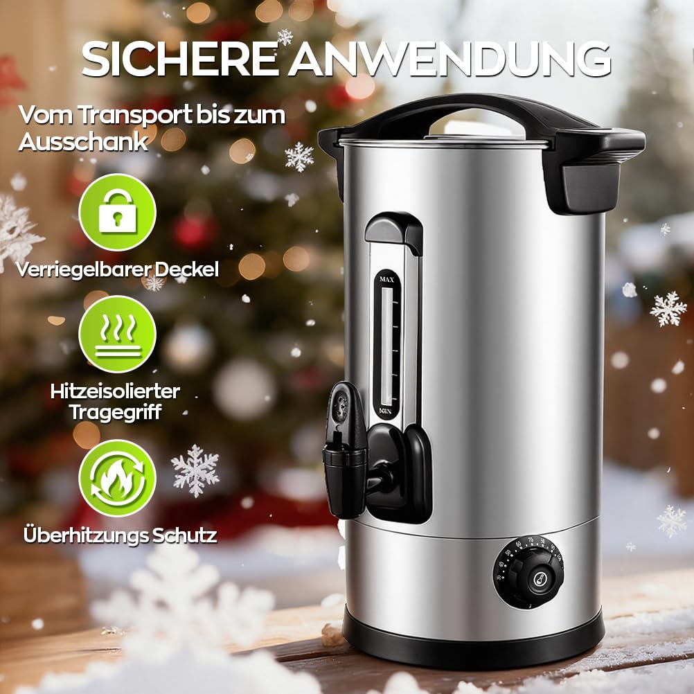 Glühweinkocher 8L Edelstahl 1800W Einkochautomat Zapfhahn Thermostat Heißgetränkespender 30-110°C