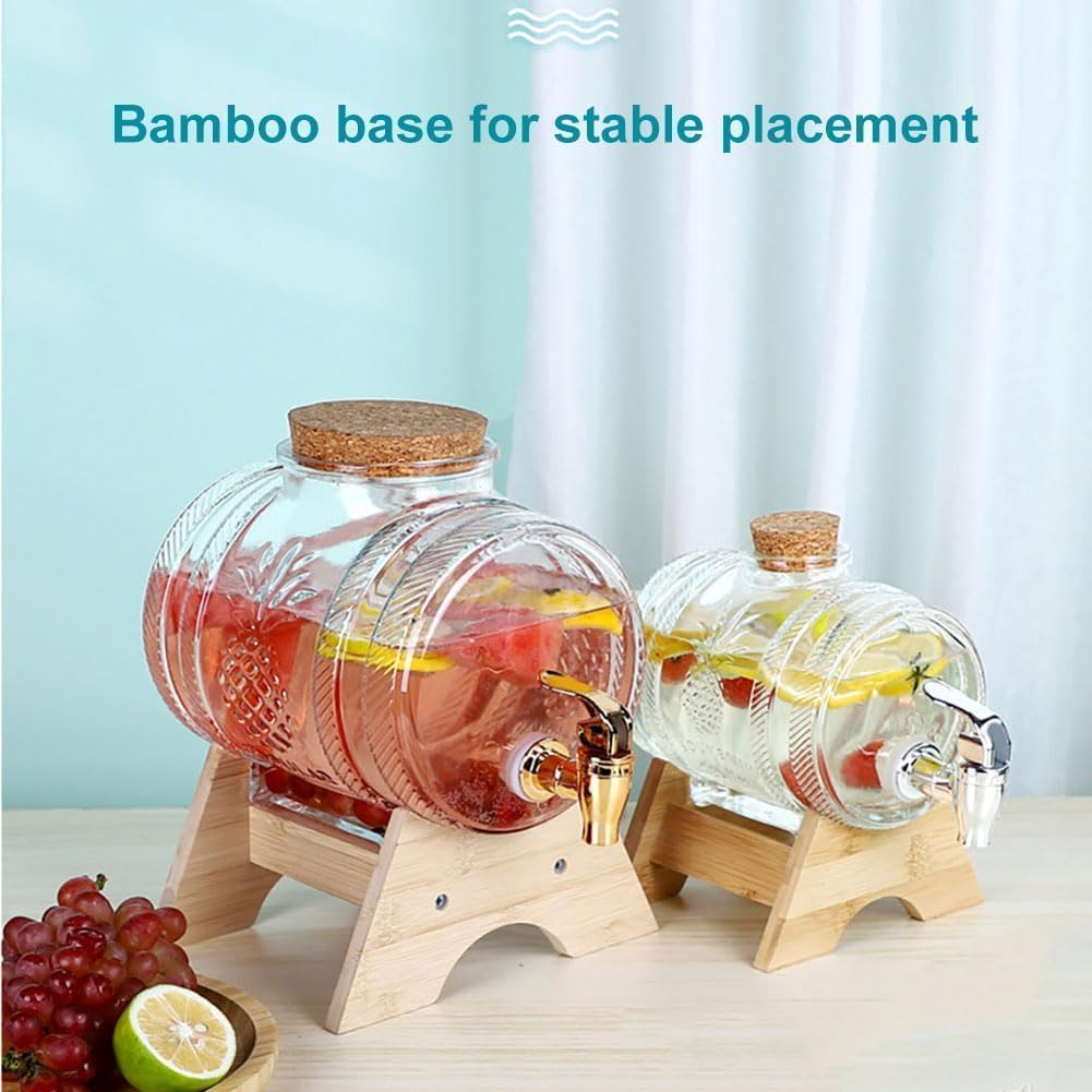 Dispensador de bebidas de vidrio, dispensadores de bebidas heladas de 1L/3L/5L con espiga y soporte de madera, dispensador de bebidas frías para barbacoa, picnic, fiesta en la piscina, bebida de