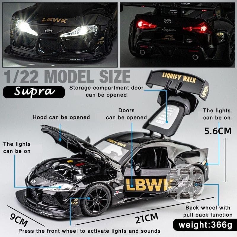 Image of DEOXY Toyota Supra 1:24 Scale Gr Lbwk Model Diecast Metal Pullback Toy Car With Openable Doors & Light, Music Boys Car For Kids Best Toys Gifts Toys,Black