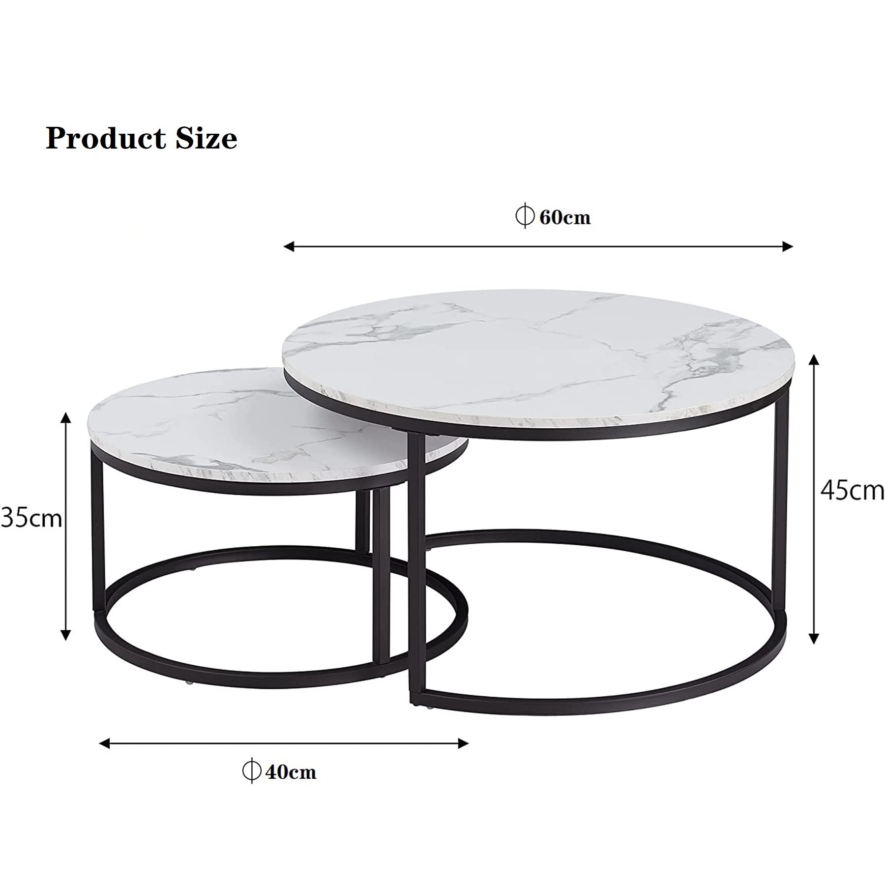 Juego de 2 Mesas de Centro Nido con Estructura Negra; Mesas de Centro Redondas Modernas para Salón, Dormitorio, Balcón, Oficina. Grande: 60*60*45cm; Pequeño: 40*40*35cm (Blanco/Negro)