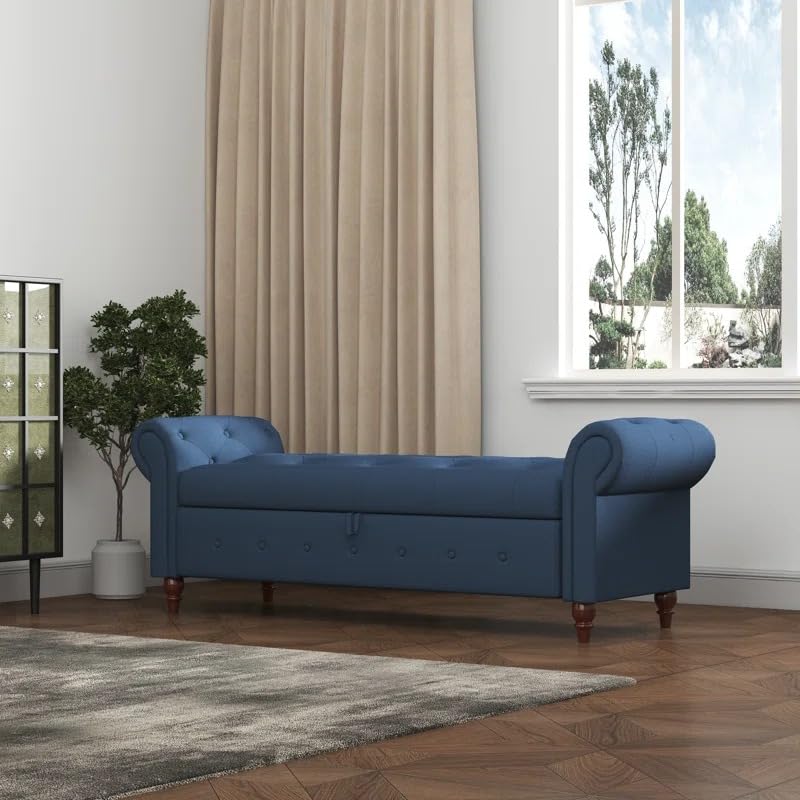 Image of 63 Inch Button Tufted Storage Ottoman Bench with Rolled Arms for Bedroom & Living Room | Chesterfield End of Bed Bench with Hidden Storage | Upholstered Sofa Bench Seating for Entryway, Navy Blue