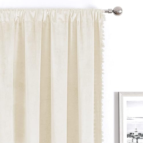 Miniatura 4 de Cortinas de terciopelo con pompones para dormitorio, bolsillo para barra, 52 x 96 pulgadas, cortinas opacas suaves para ventana, oscurecimiento de