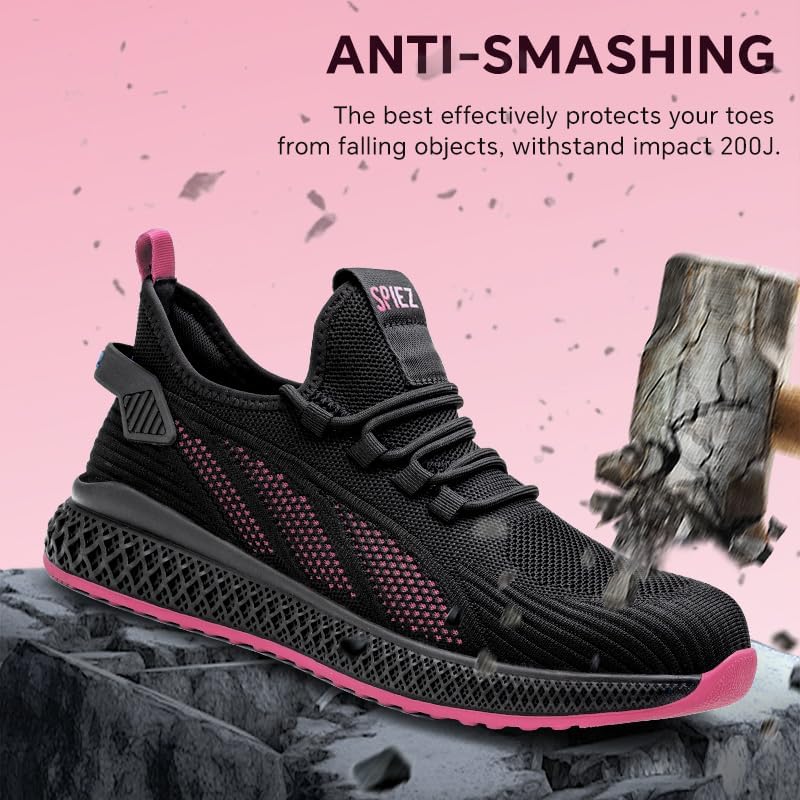 SPIEZ Slip on Safety Shoes for Women,Lightweight Non Slip Work Shoes,Air Cushion Safety Sneakers for Work and Daily Wear Black-Pink - Image 6