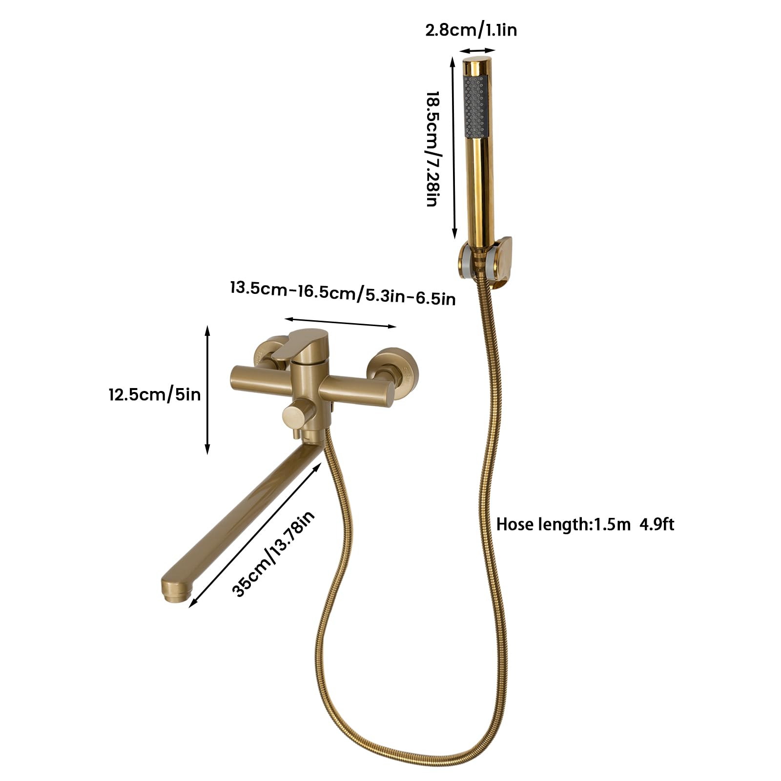 Grifo de bañera giratorio 360°, montaje en pared, de acero inoxidable, color dorado, monomando para bañera, montaje en superficie con ducha de mano y soporte de pared, grifo de ducha, grifo de bañera