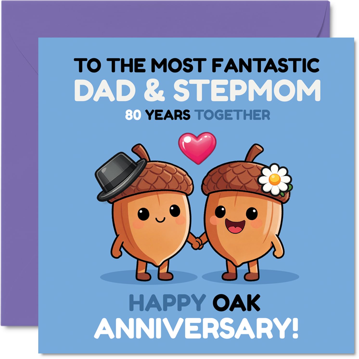 Sweet 80th Anniversary Card for Stepmum & Dad - Oak-solid Love Shines - Two Adorable Acorns Hand in Hand on Joyful Blue and Purple - 145mm Square, Envelope Included
