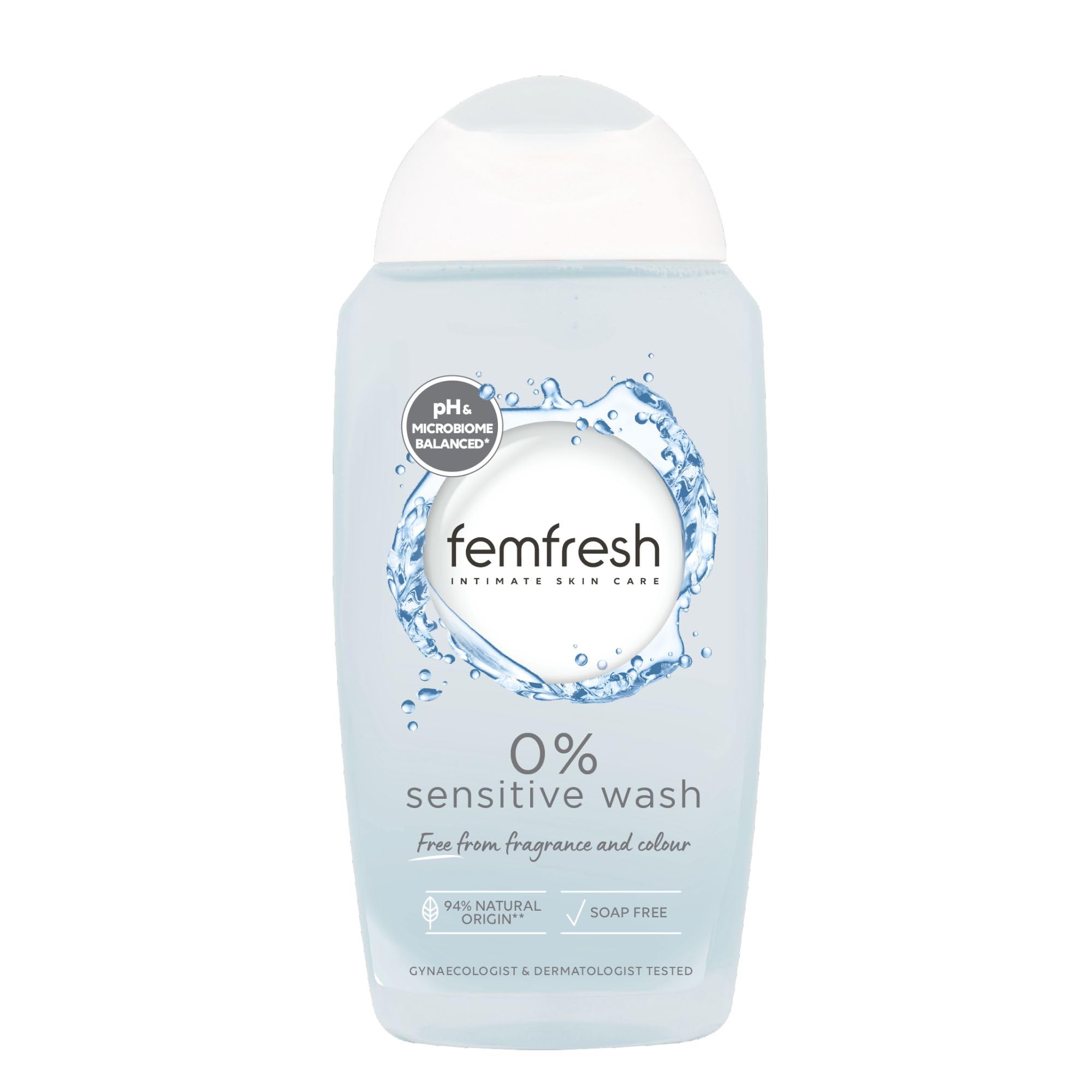 Femfresh 0% Sensitive Intimate Wash, Feminine Hygiene Shower & Bath Gel Cleanser, pH Balanced, Soap & Fragrance Free Feminine Wash, Vegan Formula with Lotus Flower Extract, 250ml