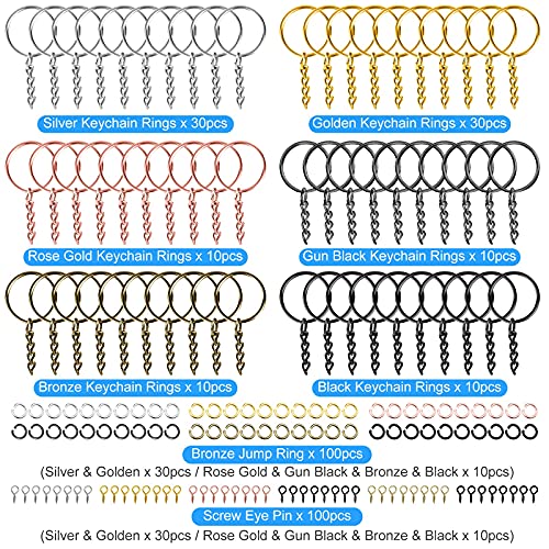 300Pcs Split Key Rings With Chain Parts - Cludoo 100Pcs Metal Split Keychain Ring And 100Pcs Jump Rings And 100Pcs Screw Eye Pins In 6 Color For Holiday Decoration And Key Charm And Gift Accessories #TOP1