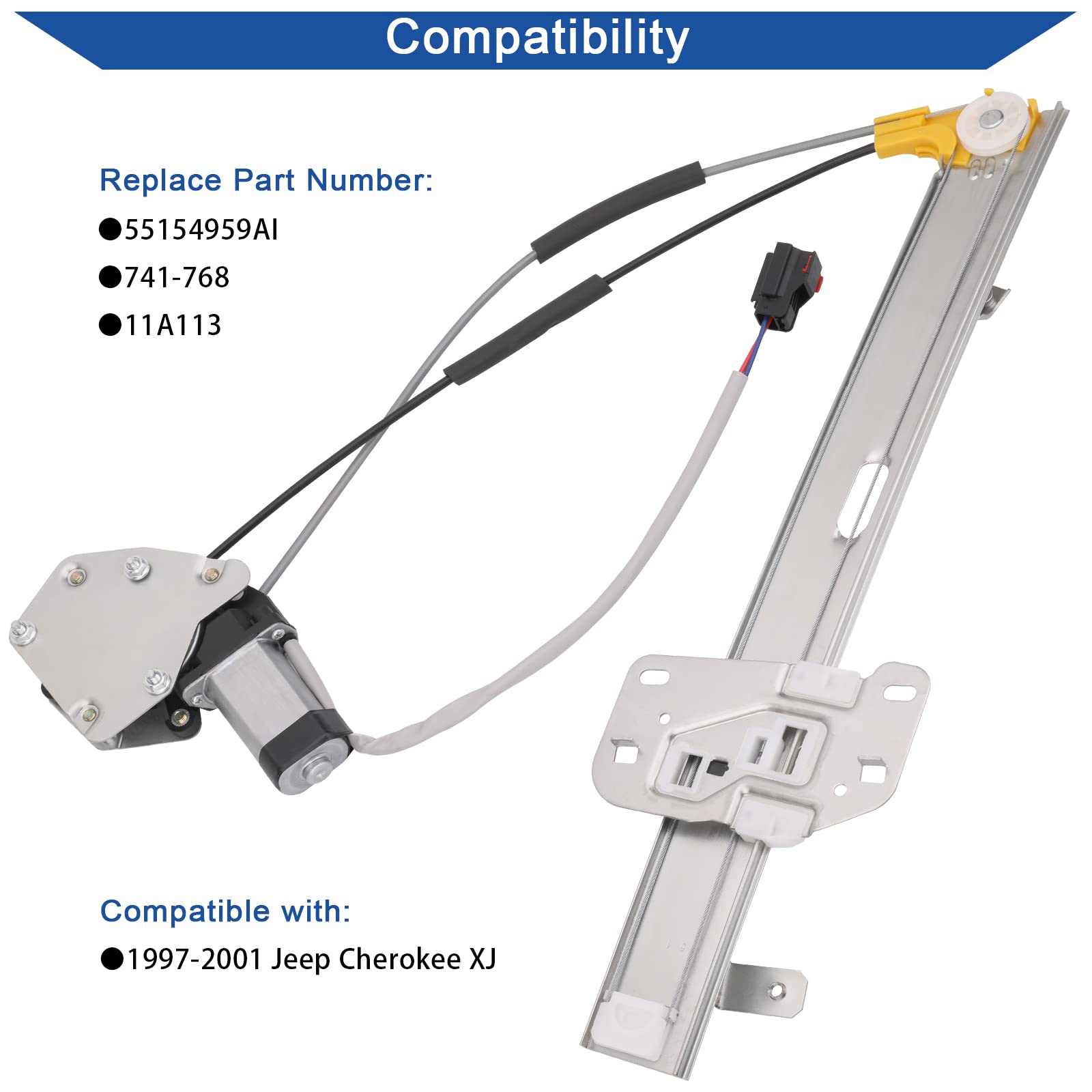Obaee 741-768 Front Driver Side Power Window Lift Regulator with Motor Compatible with Jeep Cherokee XJ 1997-2001 Replacement OEM 55154959AI
