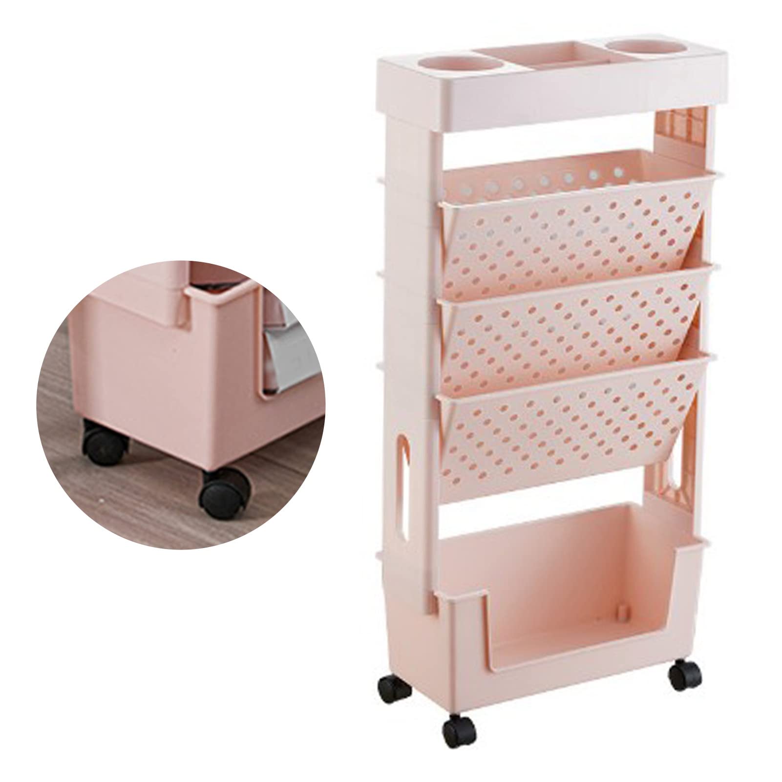 Carro de Estantería Móvil Extraíble de 5 Niveles con Ruedas Carro de Libros con 3 Estantes Planos Carro de Libros de un Solo Lado para Niños, Estudiantes, Maestros Y Adultos, Estantería de(Rosa)